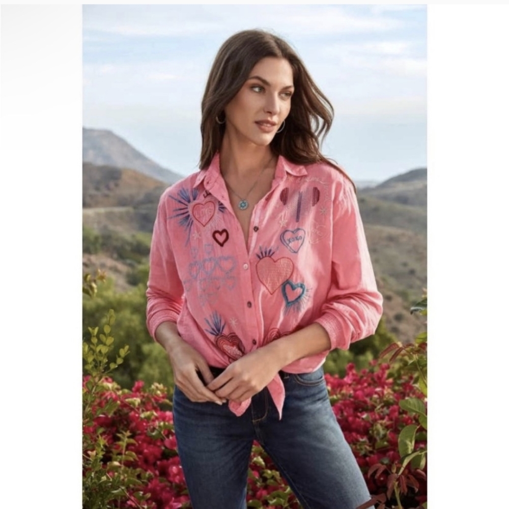 Johnny Was Pink Amour Embroidered Heart Button Up Shirt - Valentine's Day